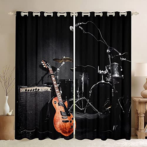 JOMAKE Gardinen Wohnzimmer Gitarre, 3D Vorhänge Modern Verdunkelungsvorhänge 2er Set, Big Drum Music Thema Vorhang Blickdicht mit Ösen Gardine Schlafzimmer Deko 2 x 117 x 137 cm（B X H） von JOMAKE