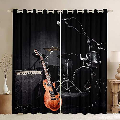 JOMAKE Gardinen Wohnzimmer Gitarre, 3D Vorhänge Modern Verdunkelungsvorhänge 2er Set, Big Drum Music Thema Vorhang Blickdicht mit Ösen Gardine Schlafzimmer Deko 2 x 91.5 x 214 cm（B X H） von JOMAKE