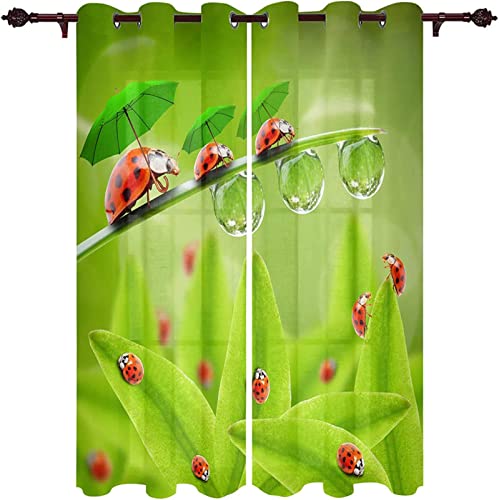 JOMAKE Gardinen Wohnzimmer Grüne Pflanzen, 3D Vorhänge Modern Verdunkelungsvorhänge 2er Set, Marienkäfer Vorhang Blickdicht mit Ösen Gardine Schlafzimmer Deko 2 x 60 x 150 cm（B X H） von JOMAKE