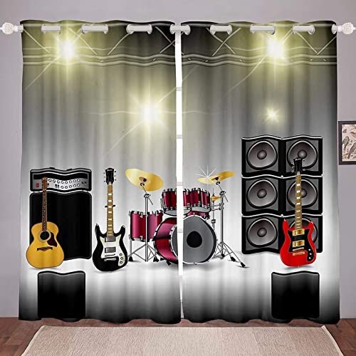 JOMAKE Gitarre Vorhang Blickdicht 3D Drucken Rockmusik Vorhänge Wärmeisolierend Gardinen Wohnzimmer 2er Set, Verdunkelungsvorhänge mit Ösen Schlafzimmer Deko Gardine 2 x 60 x 150 cm（B X H） von JOMAKE