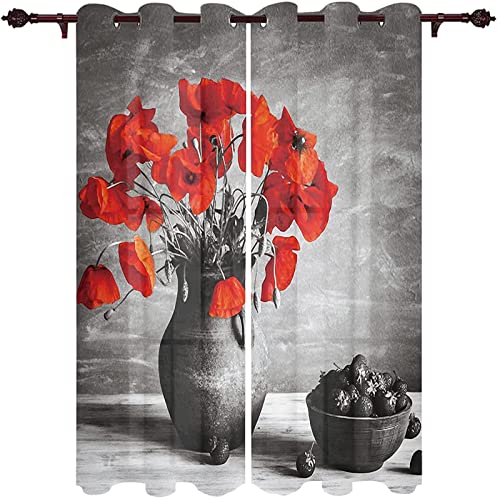 JOMAKE Rot Vorhang 3D Mohn Blickdicht Gardinen mit Ösen 2 Stück Verdunkelungsvorhänge Junge Mädchen Vorhang Verdunkelung Wärmeisolierend Schlafzimmer Gardine 2 x 60 x 150 cm（B X H） von JOMAKE