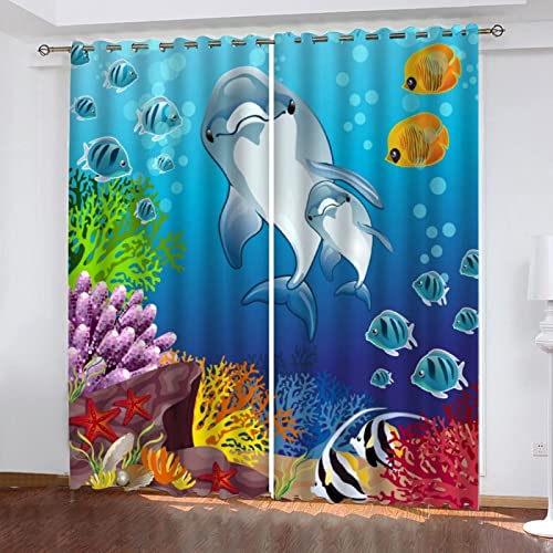 JOMAKE Süßes Delphin-Delphin-Tier Vorhang Blickdicht 3D Drucken Vorhänge Wärmeisolierend Gardinen Wohnzimmer 2er Set, Verdunkelungsvorhänge mit Ösen Schlafzimmer Deko Gardine 2 x 60 x 150 cm（B X H） von JOMAKE