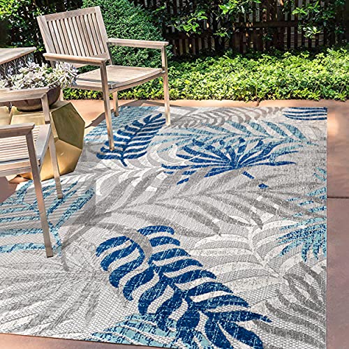JONATHAN Y AMC100A-5 Tropische Palmenblätter Indoor Outdoor Bereich Teppich Bohemian Floral, leicht zu reinigen, Schlafzimmer, Küche, Hof, Terrasse, Veranda, nicht fusselnd, 150 cm x 240 cm, Grau/Blau von JONATHAN Y