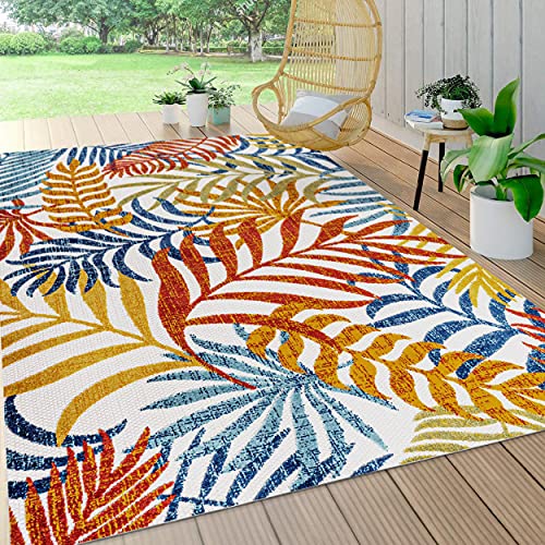 JONATHAN Y AMC100B-5 Tropische Palmenblätter Indoor Outdoor Teppich Bohemian Floral, leicht zu reinigen, Schlafzimmer, Küche, Hof, Terrasse, Veranda, Nicht fusselnd, 150 cm x 240 cm, Creme/Orange von JONATHAN Y