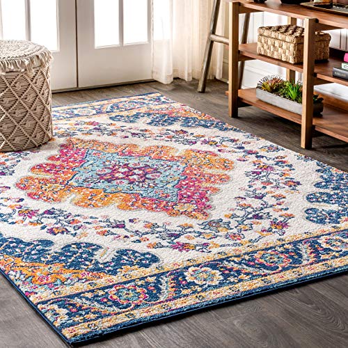 JONATHAN Y BMF106A-8 Bohemian Flair Boho Vintage Medaillon Teppich Floral, pflegeleicht, Schlafzimmer, Küche, Wohnzimmer, Nicht fusselnd, 240 cm x 300 cm, Blau/Multi von JONATHAN Y