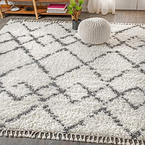 JONATHAN Y MCR102B-8 Mercer Shag Plüsch Quaste Marokkanischer Tribal Spalier Geometrischer Teppich Bohemian Zeitgenössisch, pflegeleicht, Schlafzimmer, Küche, Wohnzimmer, 240 cm x 300 cm, Creme/Grau von JONATHAN Y