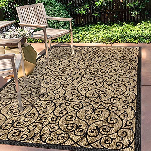 JONATHAN Y Madrid Vintage Filigree Strukturierte Weave Innen-/Außenseite Area Rugs, Polypropylen (PP), 90 X 150 cm, Black/Khaki von JONATHAN Y