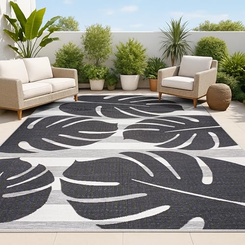 JONATHAN Y TSN400B-3 Allison Classic Beach Stripe and Monstera Leaf Teppich, für Innen- und Außenbereich, haustierfreundlich, fusselfrei, schmutzabweisend, leicht zu reinigen, für Hinterhof, Terrasse von JONATHAN Y