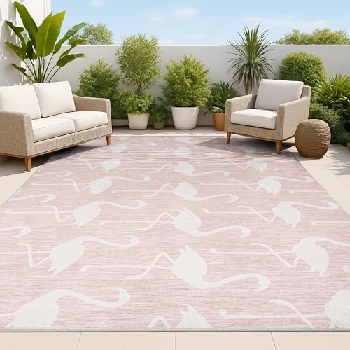 JONATHAN Y TSN401C-3 Liana Casual Coastal Flamingos Teppich, zweifarbig, 91 x 152 cm, Haustierfreundlich, fusselfrei, schmutzabweisend, leicht zu reinigen, für Hinterhof, Terrasse, Veranda von JONATHAN Y