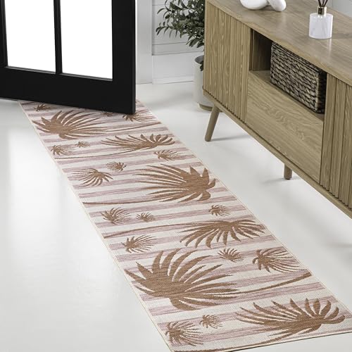 JONATHAN Y TSN402A-28 Veronica Teppich, klassisch, Strandstreifen und Palmblatt, 60 x 240 cm, Haustierfreundlich, fusselfrei, schmutzabweisend, leicht zu reinigen, für Hinterhof, Terrasse, Rosa von JONATHAN Y