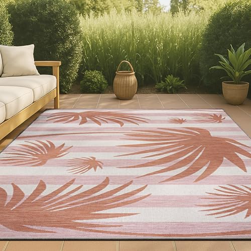JONATHAN Y TSN402A-3 Veronica Klassischer Strandteppich mit Streifen und Palmblatt, 91 x 152 cm, Haustierfreundlich, fusselfrei, schmutzabweisend, leicht zu reinigen, für Hinterhof, Terrasse, Veranda von JONATHAN Y