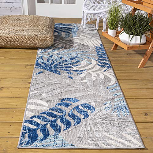 JONATHAN Y Tropics Palm Leaves Teppich für drinnen und draußen, 60 x 240 cm, Grau/Blau von JONATHAN Y