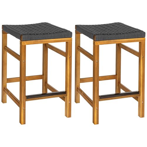 Jonathan Y CSL1201B-SET2 Armand Moderner Küchenhocker aus Akazienholz, rückenfrei, für den Außenbereich, mit gewebtem Seilsitz, für Pool, Deck, Pool, Hellteak/Grau, 2 Stück von JONATHAN Y