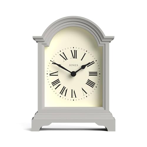 JONES CLOCKS® Bistro kaminuhr | Klassisches Design Einer kutschenuhr mit gebogenem Bogen | Grau | Zeitloser klassischer Stil für Kamin Schreibtisch Tisch Regal und nachttisch von JONES CLOCKS