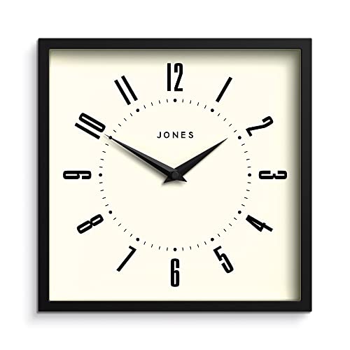 JONES CLOCKS® Box Retro-Wanduhr mit Ziffernblatt - Quadratische Uhr - Küchenuhr - Bürouhr - Retro-Uhr - Designer-Uhr - Buntes Gehäuse - Zifferblatt mit arabischen Ziffern (Schwarz) von JONES CLOCKS