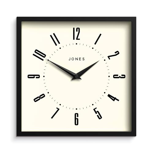 JONES CLOCKS® Box Retro-Wanduhr mit Ziffernblatt - Quadratische Uhr - Küchenuhr - Bürouhr - Retro-Uhr - Designer-Uhr - Buntes Gehäuse - Zifferblatt mit arabischen Ziffern (Schwarz) von JONES CLOCKS