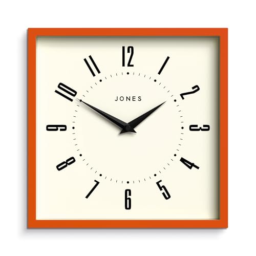 JONES CLOCKS® Box Wanduhr | Retro quadratische Uhr | 25cm | Orange | Leicht ablesbare Zahlen | Perfekte Küchenuhr oder Bürouhr von JONES CLOCKS