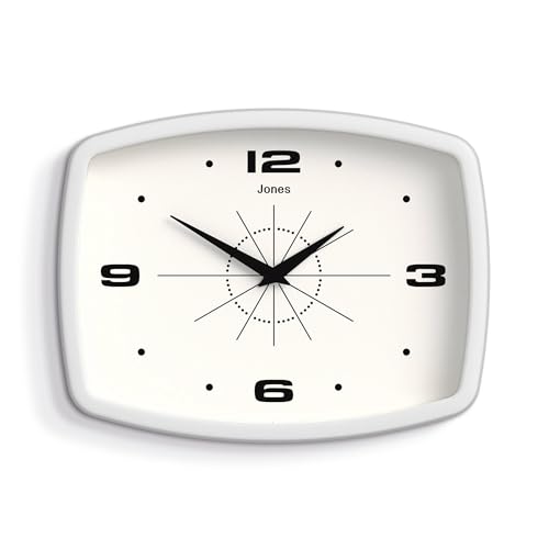 JONES CLOCKS® Film wanduhr | Retro rechteckige Uhr | 25cm | Weiß | Cooler midcentury designerlook für küche, Wohnzimmer oder büro von JONES CLOCKS