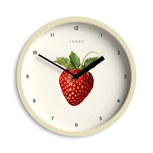 JONES CLOCKS® Fruit wanduhr | Kleine runde Uhr | 20cm | Creme | Botanische illustrierte Erdbeere Kunstwerk | Ideal für küche und esszimmer. von JONES CLOCKS