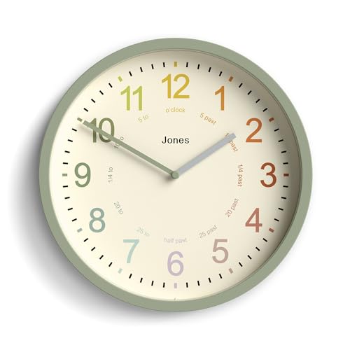 JONES CLOCKS® Kids wanduhr | Kleine Moderne kidszimmeruhr | 25cm | Salbeigrün | Buntes zifferblatt zum erlernen des zeitablesens von JONES CLOCKS
