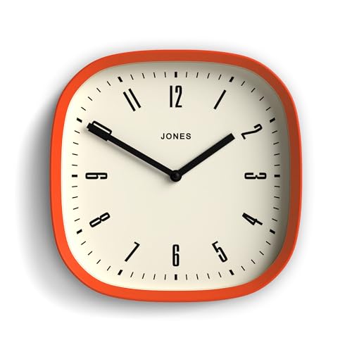 JONES CLOCKS® Marvel Wanduhr | Retro abgerundete quadratische Uhr | 25cm | Orange | Cooler Designer-Look für Küche, Wohnzimmer oder Büro von JONES CLOCKS