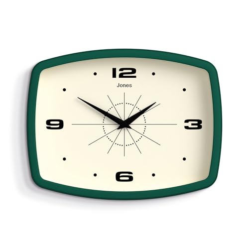 JONES CLOCKS® Film wanduhr | Rechteckige retrouhr | 25cm | Dunkelgrün | Cooler midcentury designerlook für küche, Wohnzimmer oder büro von JONES CLOCKS