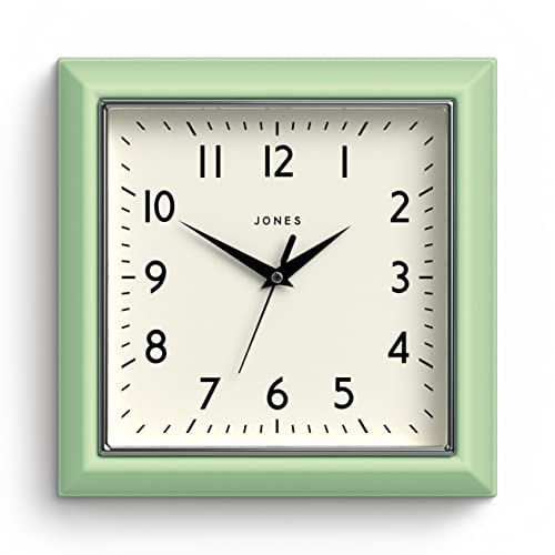 JONES CLOCKS® Mustard Quadratische Retro Wanduhr Modern Farbdesign Perfekt als Küchenuhr, Wohnzimmer Wanduhr oder Büro Uhr mit Leicht ablesbaren Zahlen 25cm (Neo Mint) von JONES CLOCKS