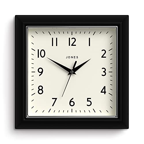 JONES CLOCKS® Mustard Quadratische Retro Wanduhr Modern Farbdesign Perfekt als Küchenuhr, Wohnzimmer Wanduhr oder Büro Uhr mit Leicht ablesbaren Zahlen 25cm (Schwarz) von JONES CLOCKS