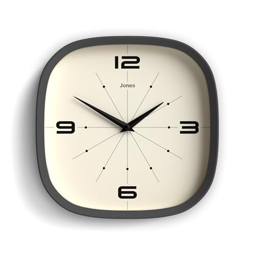 JONES CLOCKS® Pulsar Wanduhr | Retro abgerundete quadratische Uhr | 25cm | Dunkelgrau | Cooler Designer-Look für Küche, Wohnzimmer oder Büro von JONES CLOCKS