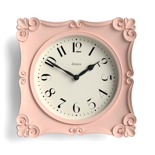 JONES CLOCKS® Rialto wanduhr | Verzierte quadratische Uhr im vintagestil | 25cm | Rosa | Ideal für das wohn oder Schlafzimmer von JONES CLOCKS