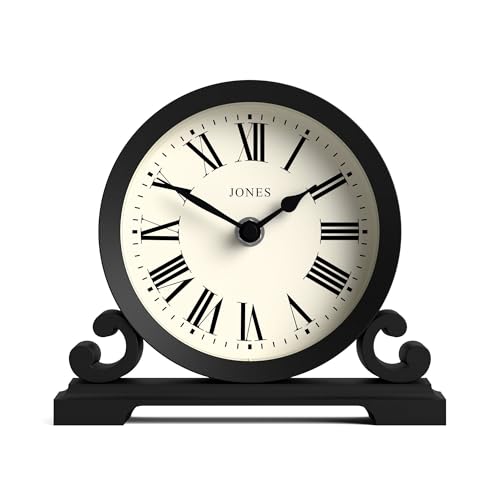 JONES CLOCKS® Saloon Kaminsims Uhr | Traditionelles doppelschneckendesign | Schwarz | Römische ziffern | Klassischer Stil für Schreibtisch, Tisch, Regal oder nachttisch von JONES CLOCKS