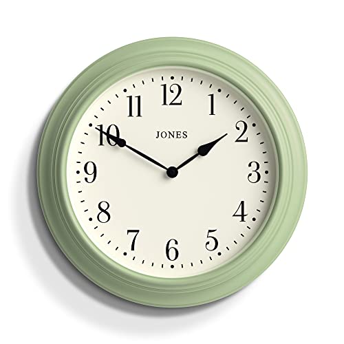 JONES CLOCKS® Supper Club große Wanduhr, klassisches Design, cremefarbenes Zifferblatt und Schwarze Zeiger, 40 cm (Entenei grün) von JONES CLOCKS