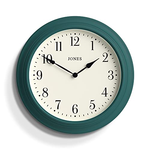 JONES CLOCKS® Supper Club große Wanduhr, klassisches Design, cremefarbenes Zifferblatt und Schwarze Zeiger, 40 cm (Pfauenblau) von JONES CLOCKS