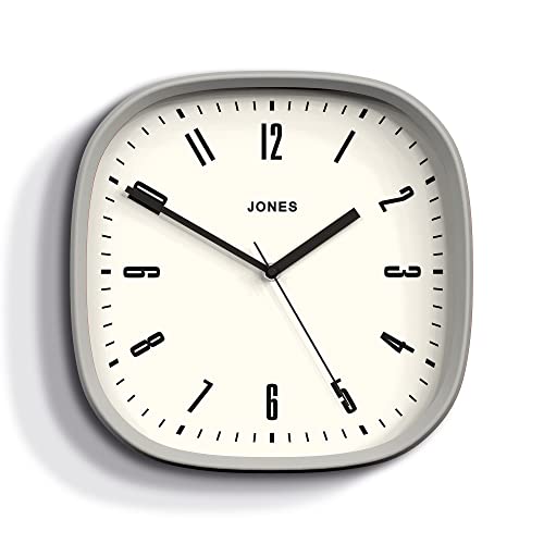 JONES CLOCKS Quadratische Retro-Wanduhr aus hochwertigem Acryl, The 'Marvel' in Grau, 30 x 30 x 5 cm von JONES CLOCKS