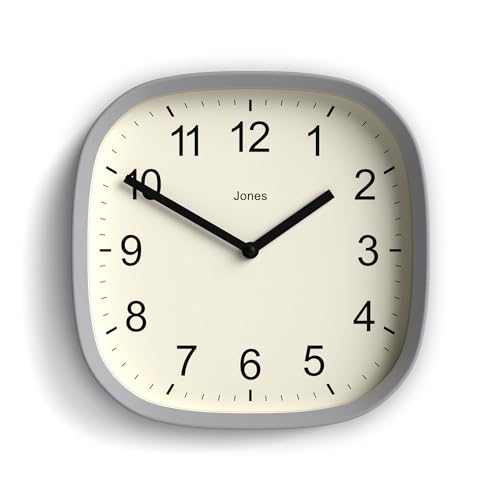 JONES CLOCKS Quadratische Retro-Wanduhr aus hochwertigem Acryl, 'Sprite' in Grau, 25 x 25 x 5 cm von JONES CLOCKS