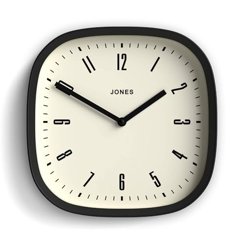 JONES CLOCKS® Marvel Wanduhr | Retro abgerundete quadratische Uhr | 25cm | Schwarz | Cooler Designer-Look für Küche, Wohnzimmer oder Büro von JONES CLOCKS