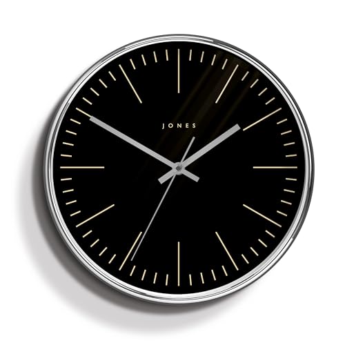 JONES CLOCKS Twilight Silver Wanduhr, modernes Design, poliertes Gehäuse und schwarzes Markierungszifferblatt, 30 cm Durchmesser von JONES CLOCKS