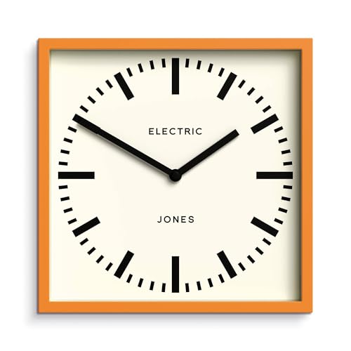 JONES CLOCKS® Box Eisenbahn wanduhr | Quadratische bahnhofsuhr | 25cm | Orange | Cooler designerlook für küche, Wohnzimmer oder büro von JONES CLOCKS