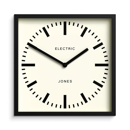 JONES CLOCKS® Box Eisenbahn wanduhr | Quadratische bahnhofsuhr | 25cm | Schwarz | Cooler designerlook für küche, Wohnzimmer oder büro von JONES CLOCKS