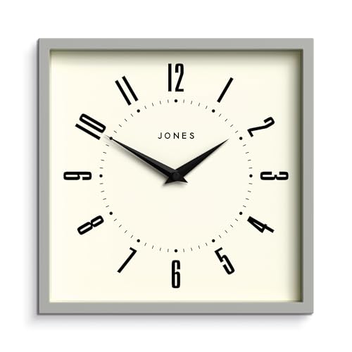 JONES CLOCKS® Box Wanduhr | Retro quadratische Uhr | 25cm | Grau | Leicht ablesbare Zahlen | Perfekte Küchenuhr oder Bürouhr von JONES CLOCKS