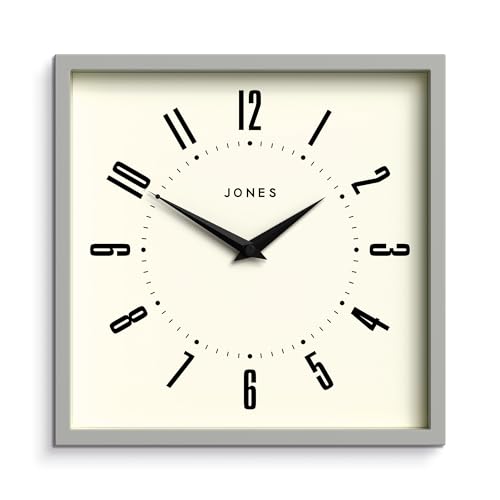 JONES CLOCKS® Box Retro Dial Wanduhr - Quadratische Uhr - Küchenuhr - Bürouhr - Retro-Uhr - Designer-Uhr - Buntes Gehäuse - Zifferblatt mit arabischen Ziffern (Pfeffergrau) von JONES CLOCKS