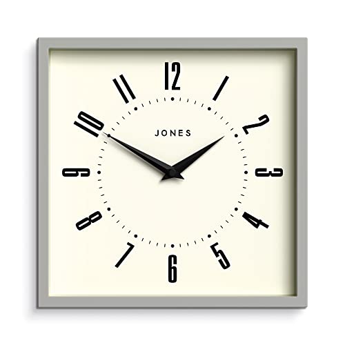 JONES CLOCKS® Box Retro Dial Wanduhr - Quadratische Uhr - Küchenuhr - Bürouhr - Retro-Uhr - Designer-Uhr - Buntes Gehäuse - Zifferblatt mit arabischen Ziffern (Pfeffergrau) von JONES CLOCKS