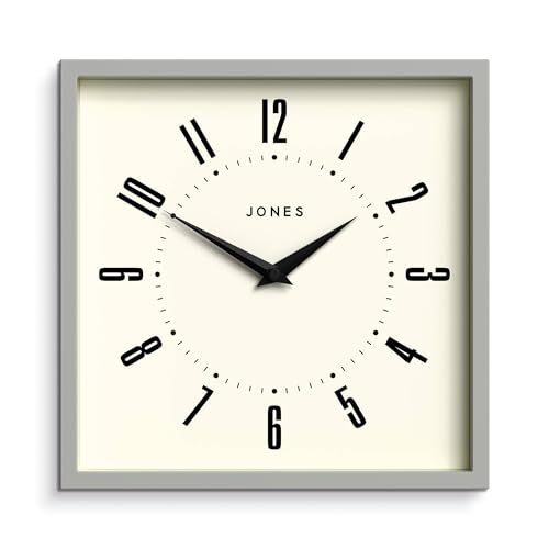 JONES CLOCKS® Box wanduhr | Retro quadratisch | 25cm | Grau | Leicht lesbare Zahlen | Perfekte küchen oder bürouhr von JONES CLOCKS