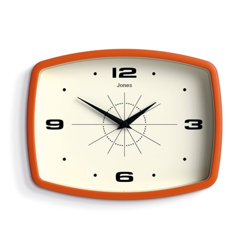 NEWGATE Jones Clocks® Film wanduhr | Rechteckige retrouhr | 25cm | Orange | Cooler midcentury designerlook für küche, Wohnzimmer oder büro von JONES CLOCKS