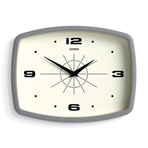 NEWGATE Jones Clocks® Movie Retro Wanduhr - Quadratische Uhr - Rechteckige Uhr - Küchenuhr - Bürouhr - Retro Uhr - Designer Uhr - Buntes Gehäuse - Arabische Ziffern (Pfeffergrau) von JONES CLOCKS