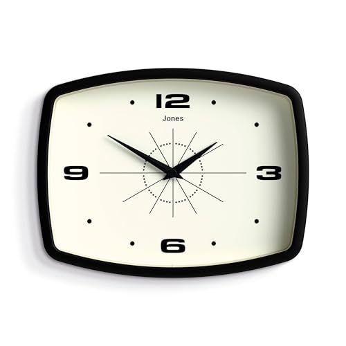 NEWGATE Jones Clocks® Movie Retro Wanduhr - Quadratische Uhr - Rechteckige Uhr - Küchenuhr - Bürouhr - Retro Uhr - Designer Uhr - Buntes Gehäuse - Arabische Ziffern (Schwarz) von JONES CLOCKS