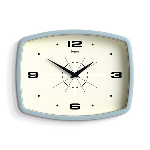 JONES CLOCKS® Film wanduhr | Rechteckige retrouhr | 25cm | Blassblau | Cooler midcentury designerlook für küche, Wohnzimmer oder büro von JONES CLOCKS
