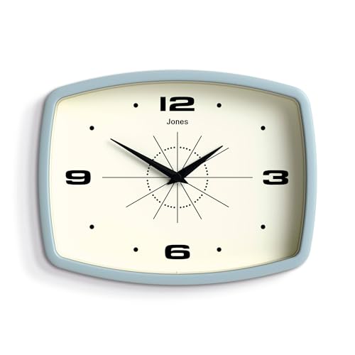 Jones Clocks® Movie Retro Wanduhr - Quadratische Uhr - Rechteckige Uhr - Küchenuhr - Bürouhr - Retro Uhr - Designeruhr - Buntes Gehäuse - Arabische Ziffern (Blau) von JONES CLOCKS