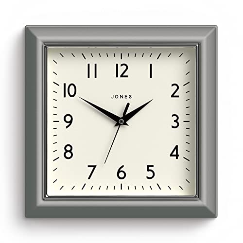 JONES CLOCKS® Mustard Quadratische Retro Wanduhr Modern Farbdesign Perfekt als Küchenuhr, Wohnzimmer Wanduhr oder Büro Uhr mit Leicht ablesbaren Zahlen 25cm (Leinengrau) von JONES CLOCKS