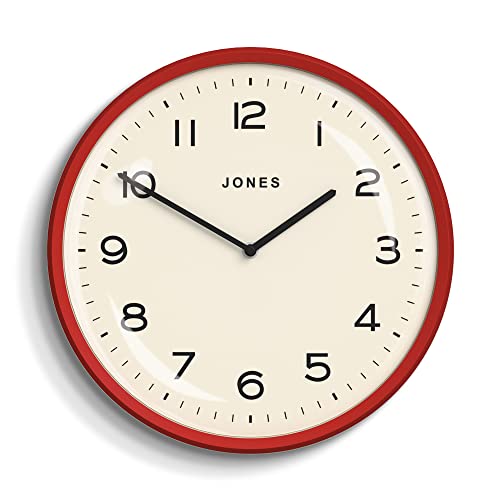 JONES CLOCKS® Moonlight Moderne mittelgroße Wanduhr – Bürouhr – Wohnzimmeruhr – Küchenuhr – runde Uhr – Retro-Design – Konvexe Linse – leicht lesbare Zahlen – Moderne Uhr – Rot von JONES CLOCKS